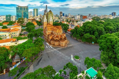 View of the cathedral in Ho Chi Minh's Pham Ngu Lao district